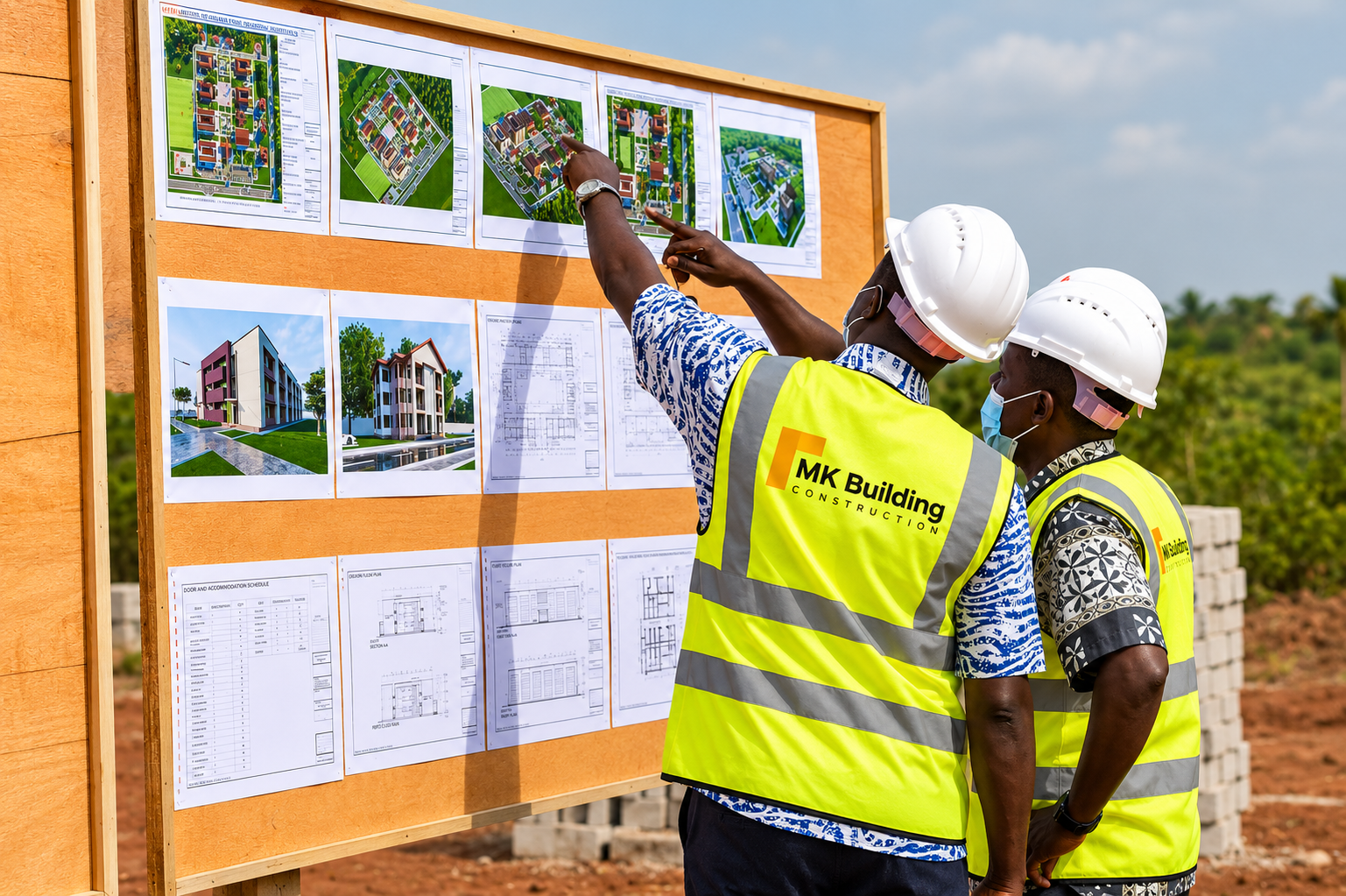 Construction crew reviewing plans on a building site